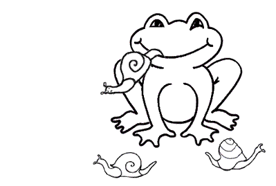 Bad Frog with a snail in his mouth, from the free kids' ebook Bad Frog at Work