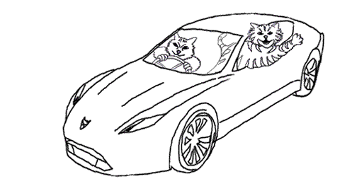 the two cats in the sports car, waving and jeering at the dogs