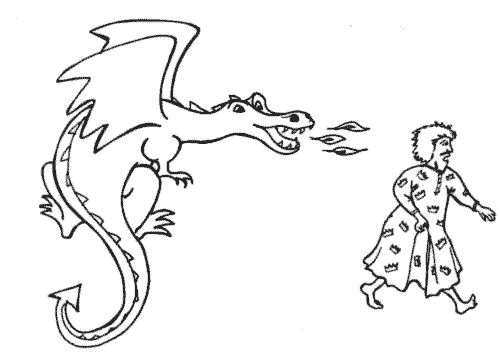 The King runs away from the dragon in the free children's ebook Dragon Dilemma