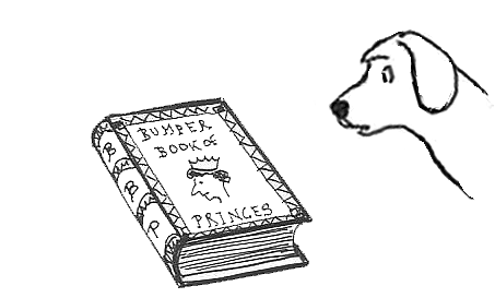 a puzzled dog studies Fifi's Bumper Book of Princes