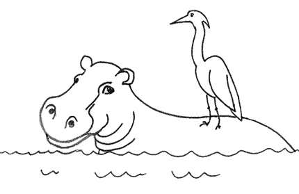 Humdrum the hippo with Widewing the heron on his back