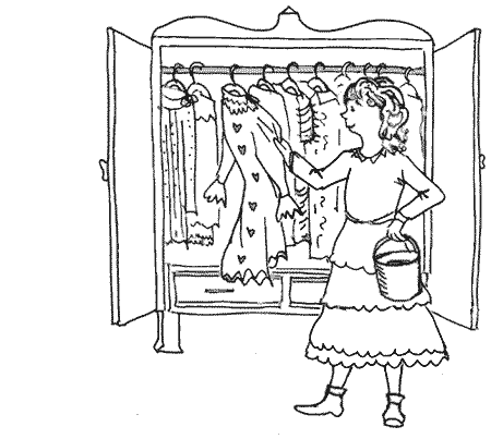 Princess Fifi is happily going through a wardrobe with a bucket in one hand